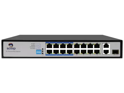 Scoop 16 Port Fast Ethernet AI PoE 150W 2 Gigabit 1SFP Switch